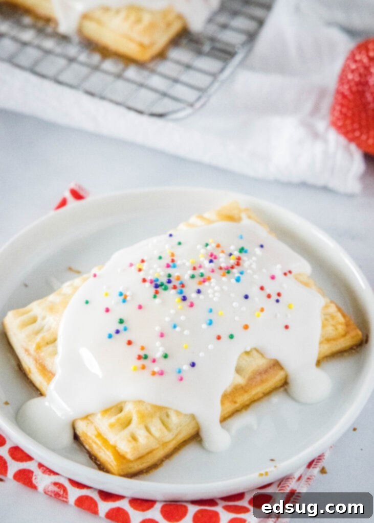 Handmade Strawberry Toaster Treasures 2 strawberry pop tart with glaze on a white plate