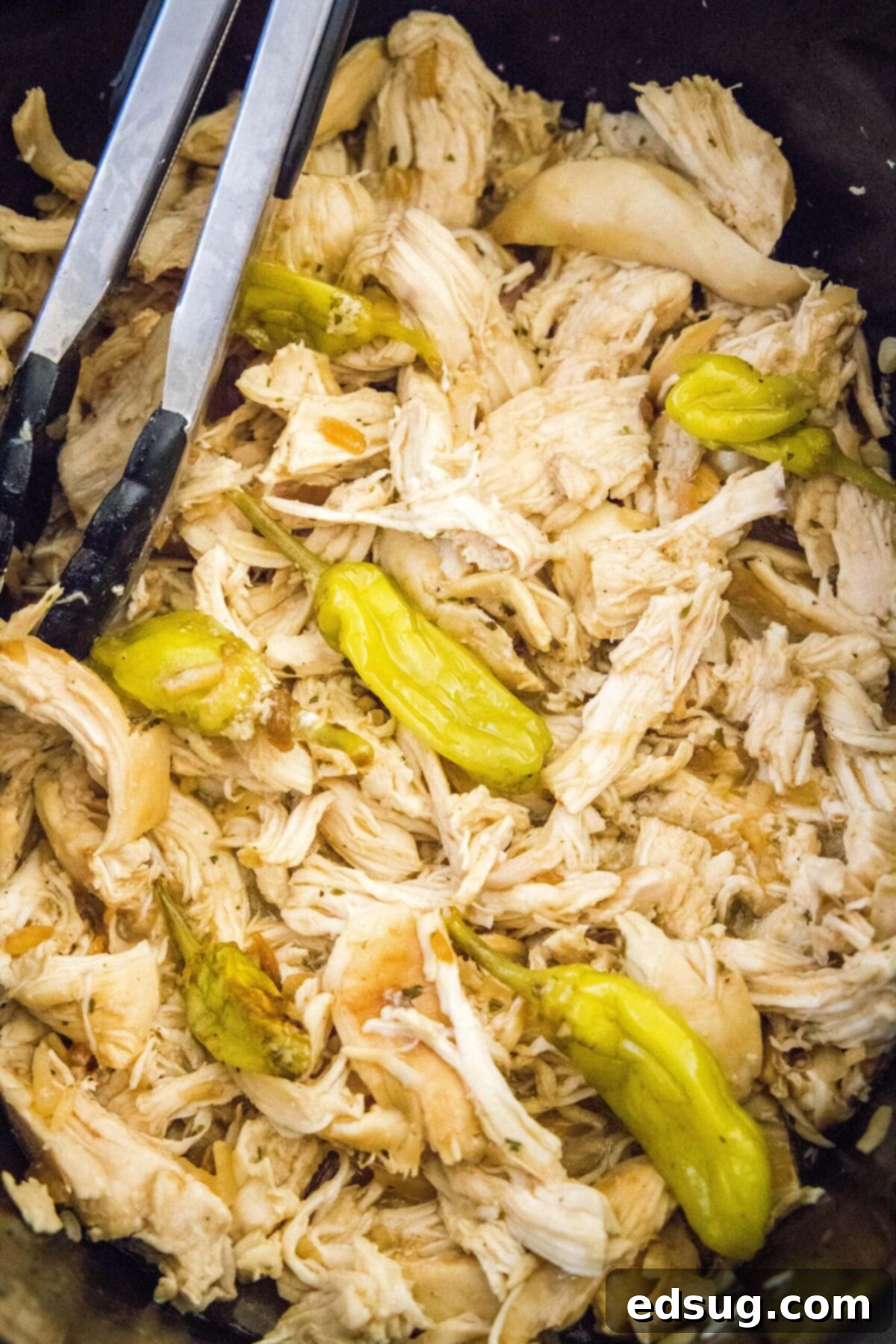 This slow cooker Mississippi chicken recipe is juicy, tender, and full of rich ranch and onion soup mix, with a kick of spice. Close up of shredded chicken and pepperoncini peppers in a slow cooker with tongs