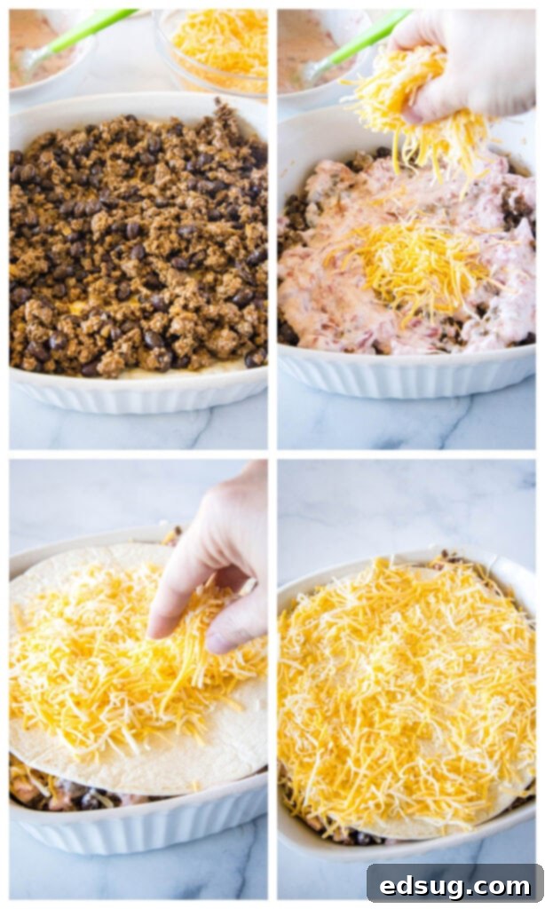 Burrito Bake 4 A collage showing step-by-step photos of how to assemble a Burrito Casserole.