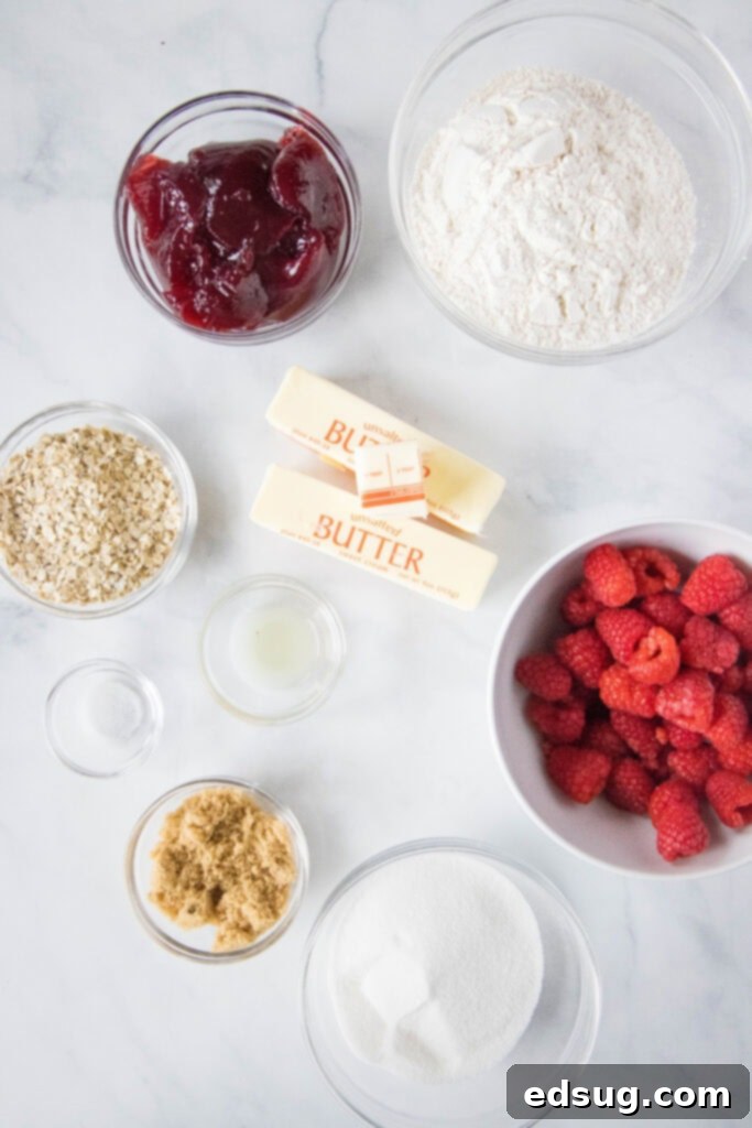 Luscious Raspberry Crumble Bars 3 raspberry crumble bars ingredients laid out on a table