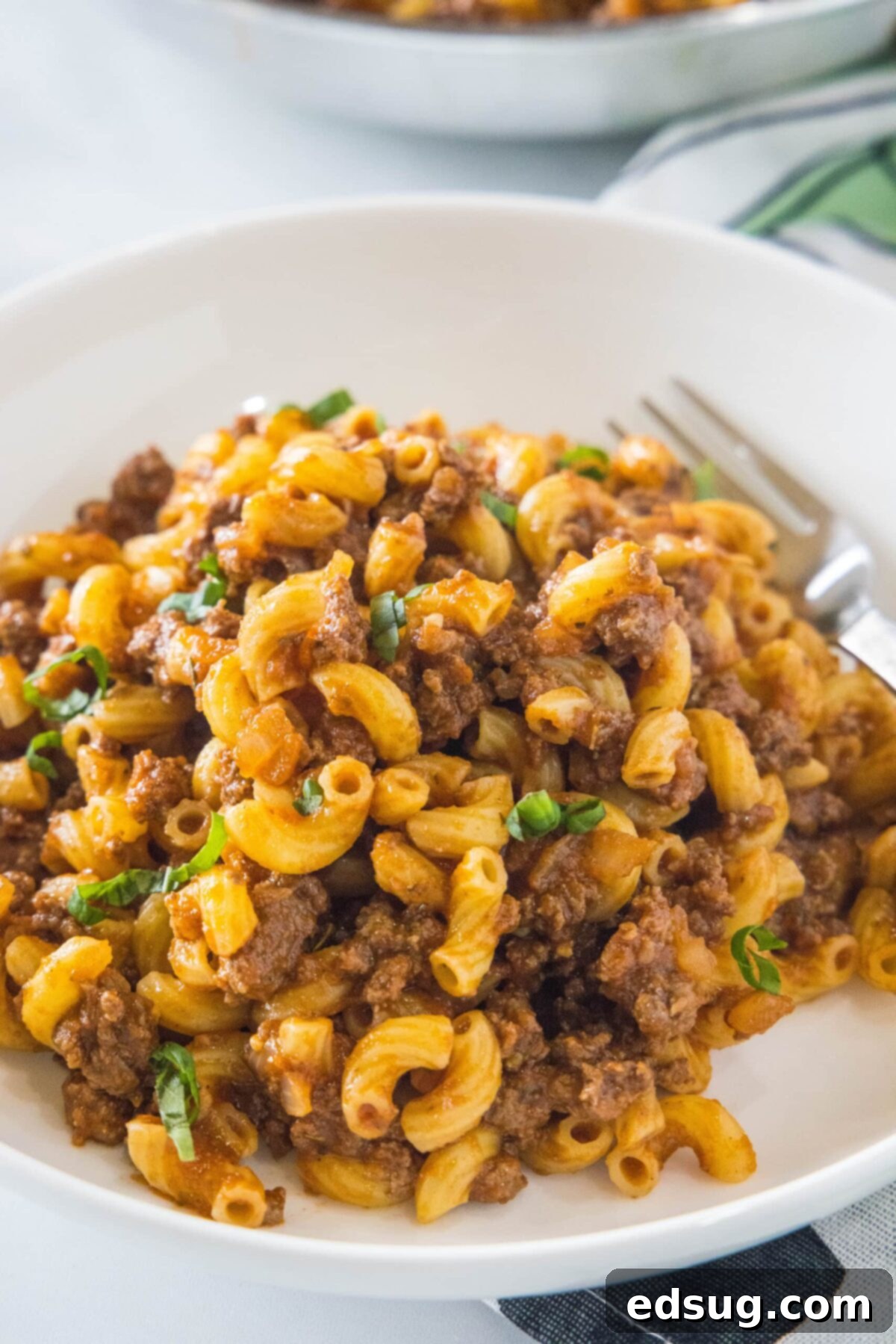 This beautifully presented bowl of homemade beefaroni captures the essence of a simple, comforting, and delicious family dinner. An inviting overhead shot of a single bowl of homemade beefaroni, garnished with fresh parsley, highlighting the rich red sauce and perfectly cooked macaroni.