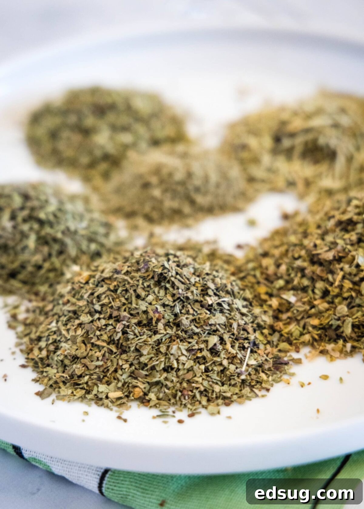 An overhead shot showcasing individual piles of dried basil, oregano, marjoram, thyme, rosemary, and sage arranged neatly on a pristine white plate, ready to be blended.