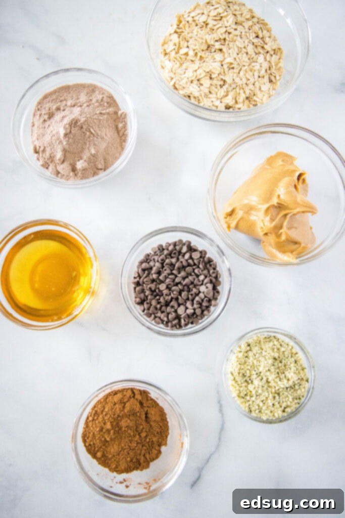 Power Chocolate Protein Bites 3 All the raw ingredients for chocolate protein bites laid out on a white surface, including oats, peanut butter, honey, protein powder, cocoa, flax, and chocolate chips.