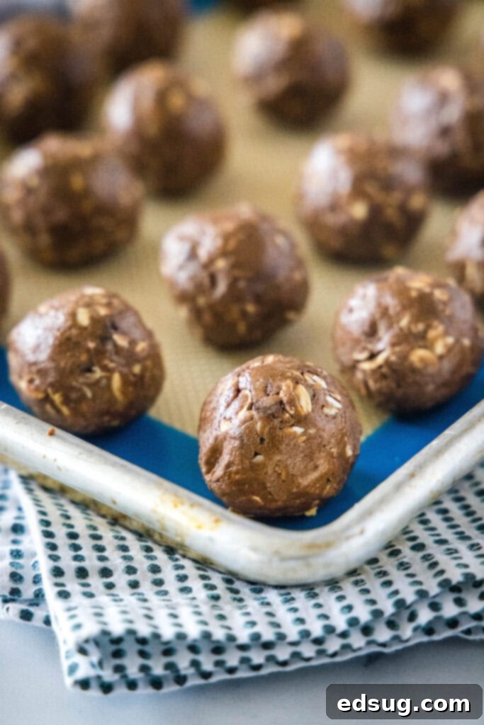 Power Chocolate Protein Bites 4 A baking sheet filled with perfectly round chocolate protein balls, freshly rolled and ready for chilling.