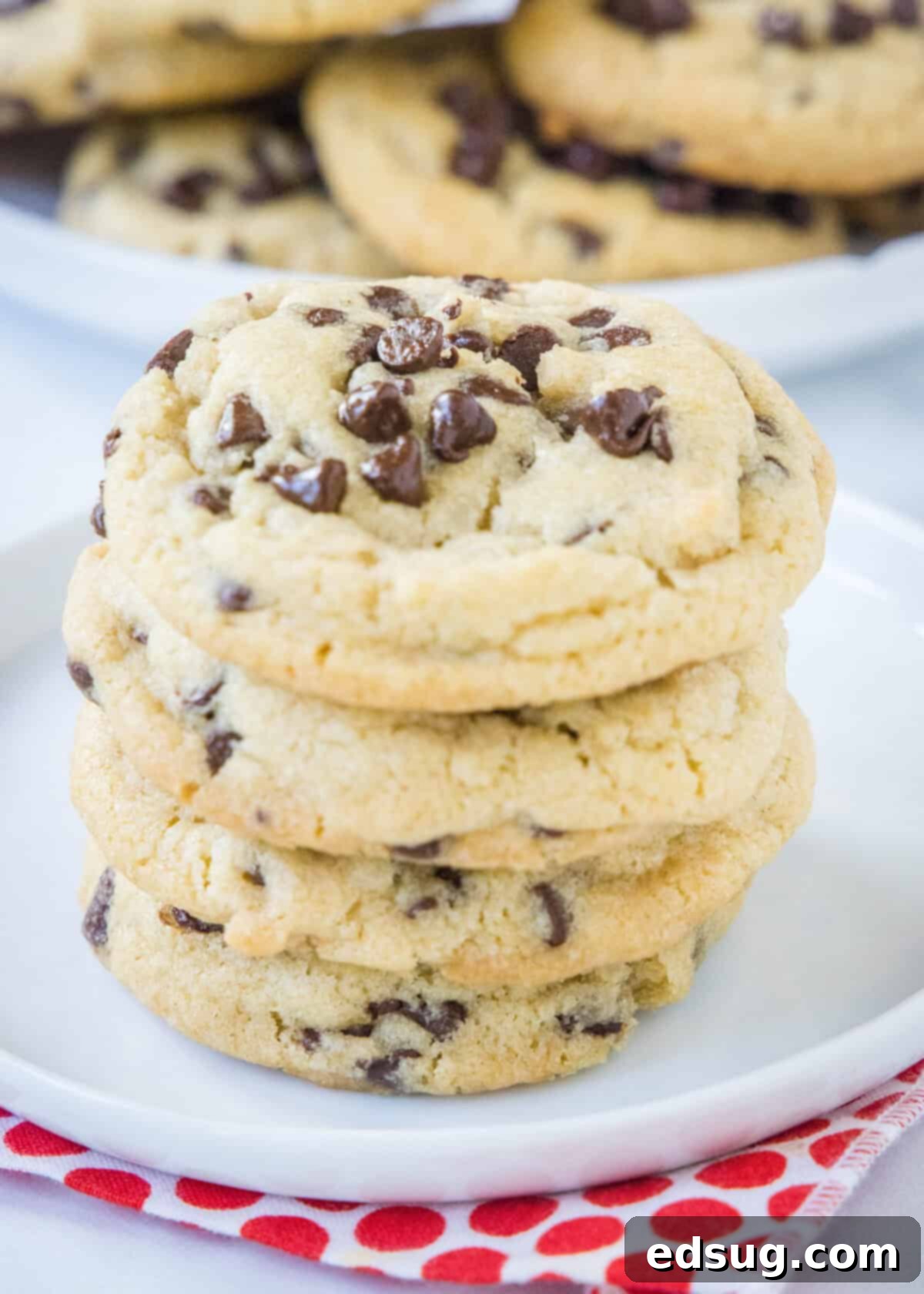 Perfect Chocolate Chip Cookies | Dinners, Dishes, and Desserts stacked chocolate chip cookies on a plate, showcasing their perfect thickness and melty chocolate