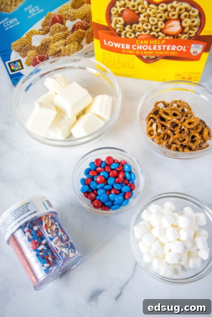 Stars & Stripes Party Blend 3 4th of July party mix ingredients laid out on a table