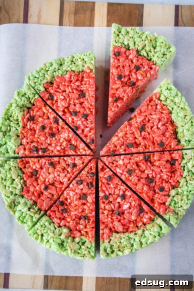 Watermelon Splash Krispies 2 looking down on sliced watermelon krispie treat slices