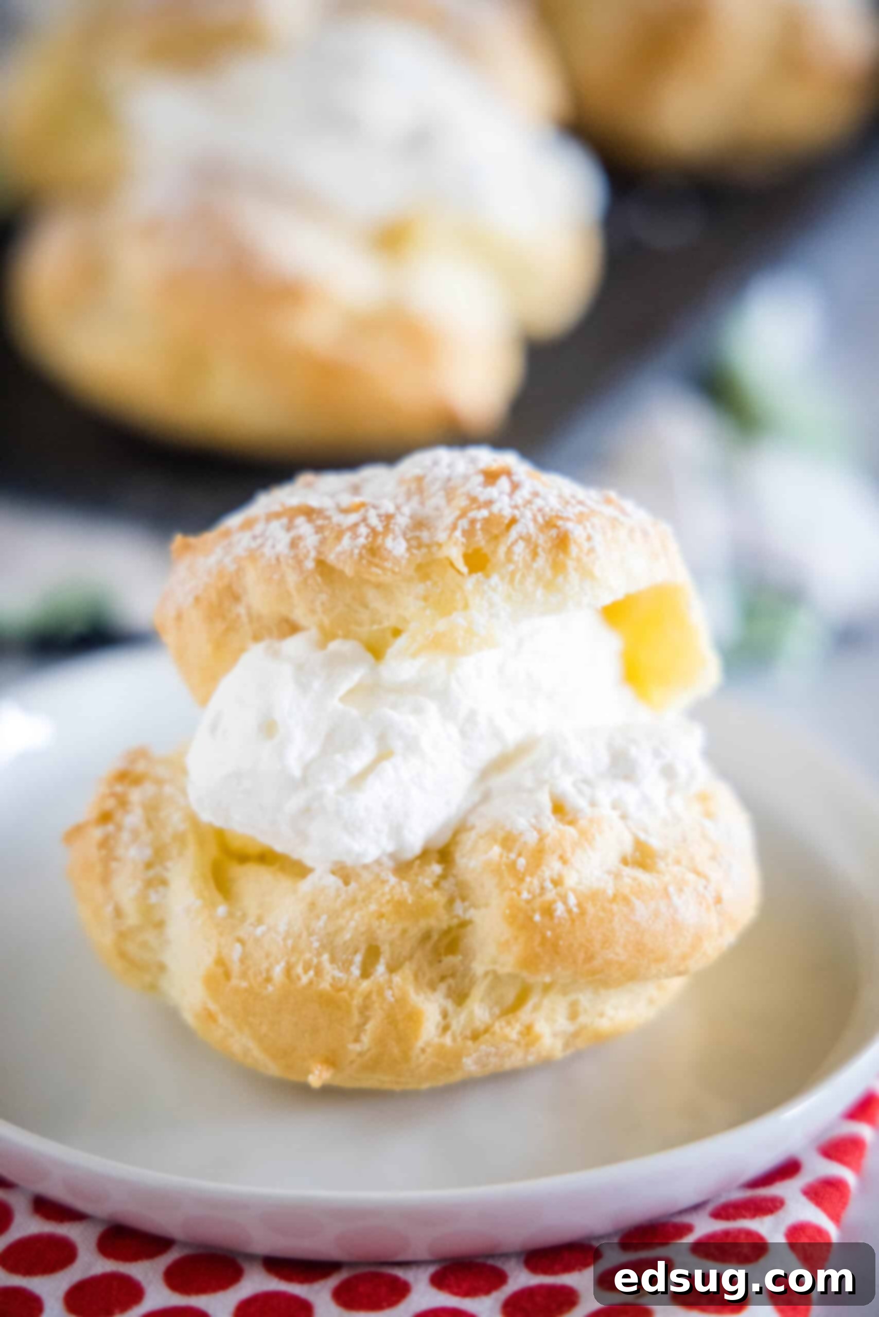 A close up of a single perfectly baked and powdered sugar-dusted homemade cream puff, ready to be enjoyed. Close up shot of a single homemade cream puff, perfectly puffed and dusted with powdered sugar, sitting on a white plate with other cream puffs in the blurred background.