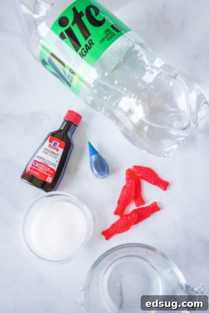 AquaPulse Dynamics 3 Various ingredients for making Sonic Ocean Water at home, including coconut extract, Sprite, and blue food coloring.