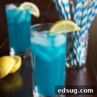 Round image of a blue vodka lemonade cocktail
