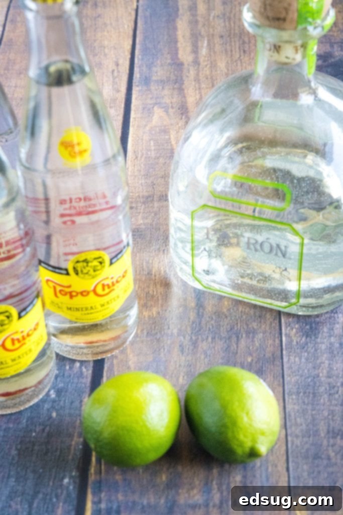 ranch water ingredients including tequila, lime, and topo chico bottles