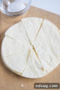 From Scratch Tortilla Chips 11 Tortillas sliced into even wedges for chips.