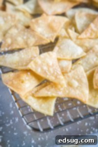 From Scratch Tortilla Chips 13 Freshly fried tortilla chips cooling on a wire rack.