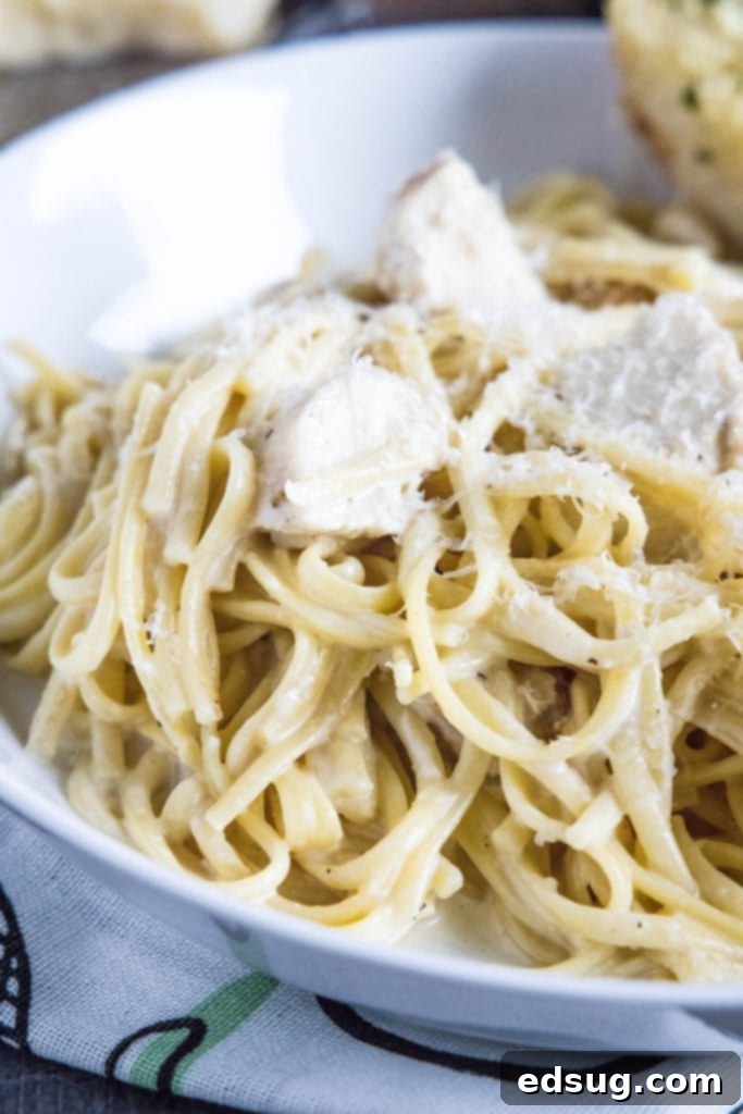 One Pot Wonder Chicken Alfredo 2 close up of creamy Instant Pot Chicken Alfredo in a white bowl, garnished with parsley