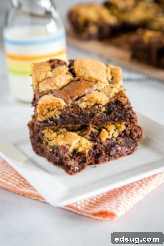 Close-up of freshly baked Brookie bars with distinct brownie and chocolate chip cookie layers