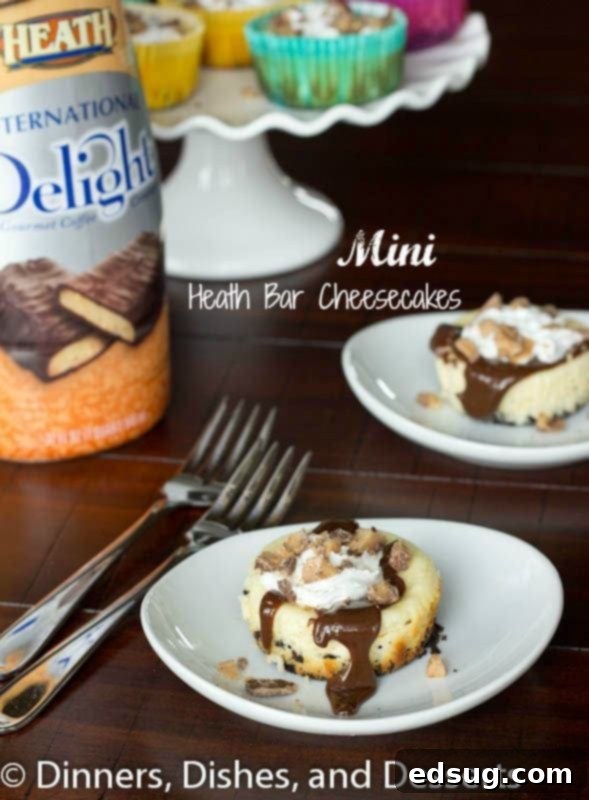 Mini Heath Bar Cheesecakes #recipe mini heath bar cheesecake on a plate