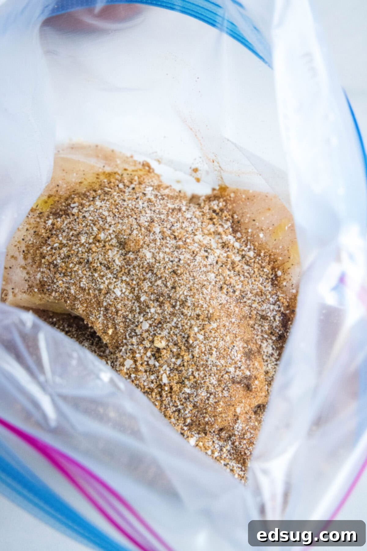 Raw chicken breasts and a mix of dry spices in a plastic bag, ready to be seasoned.