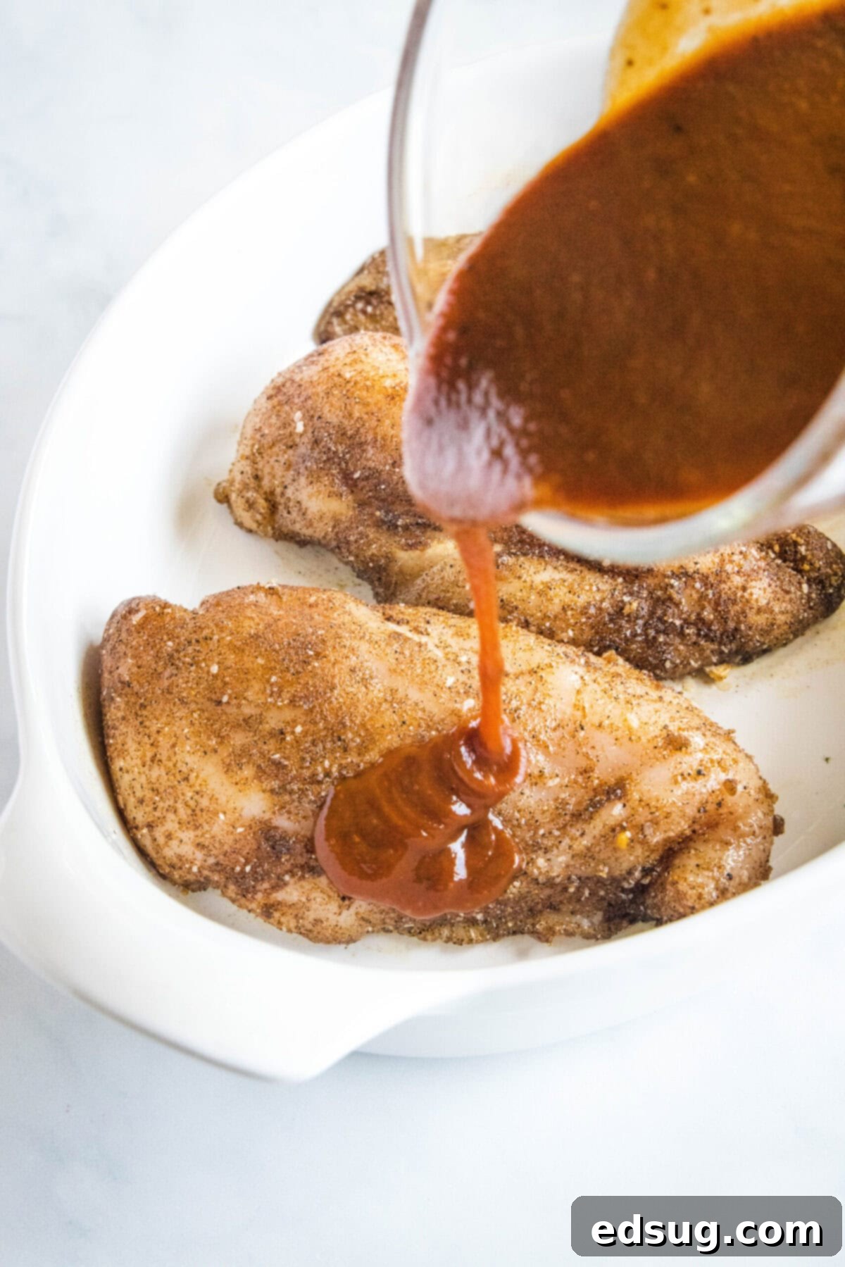 Barbecue sauce being generously poured over three seasoned, raw chicken breasts in a baking dish.