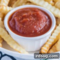 Handcrafted Tomato Ketchup 2 Close up of a ramekin of homemade ketchup surrounded by fries, highlighting its rich, smooth texture.