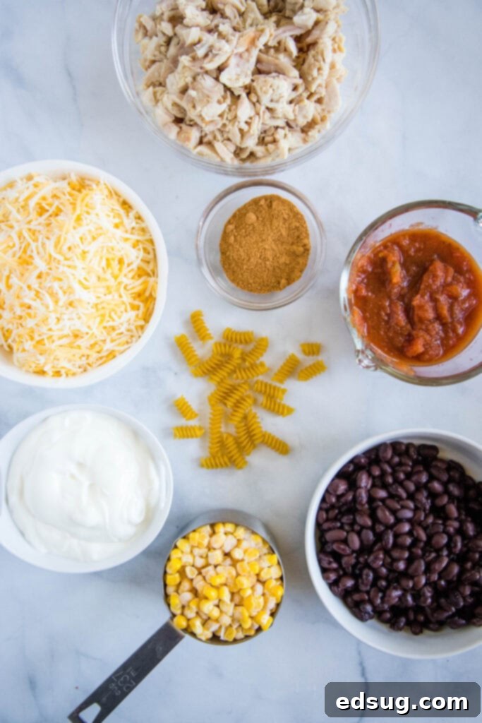 Zesty Southwest Chicken Casserole 3 A vibrant collection of fresh ingredients laid out, including shredded chicken, corn, black beans, salsa, sour cream, pasta, taco seasoning, and Mexican cheese blend, ready to make a delicious Fiesta Chicken Casserole.