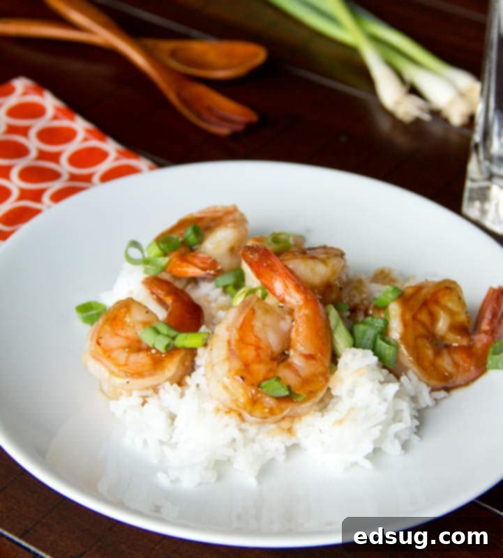 Hoisin Glazed Shrimp #recipe | Dinners, Dishes, and Desserts A serving of Hoisin Glazed Shrimp, garnished with fresh green onions.