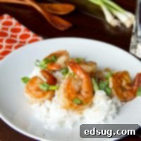 Sticky Hoisin Shrimp 1 Hoisin Glazed Shrimp on a white plate with green onions.