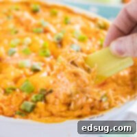 close up view of a celery stick being dipped into creamy buffalo chicken dip