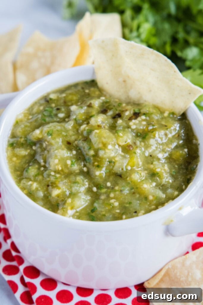A crisp tortilla chip dipped into a bowl of vibrant green homemade salsa verde, ready for snacking.