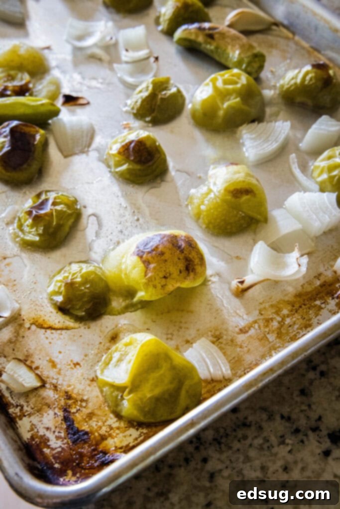 Close-up of halved tomatillos, chopped onions, and whole serrano peppers arranged on a baking sheet, lightly charred after roasting, ready for the next step in making salsa verde.