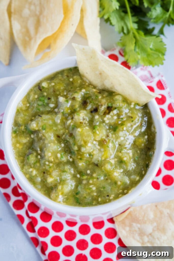 A top-down view of a rustic ceramic bowl filled with bright green salsa verde, surrounded by a scattering of golden tortilla chips, inviting immediate dipping.