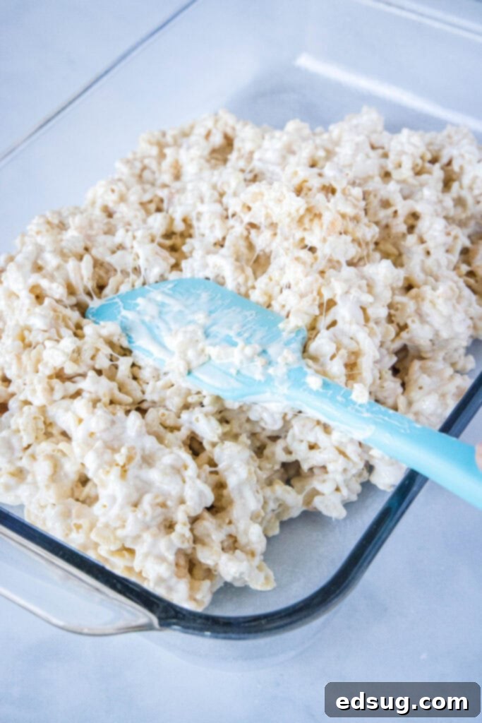 The process of gently pressing the warm Rice Krispie mixture into a 13x9 inch baking dish to create an even layer.