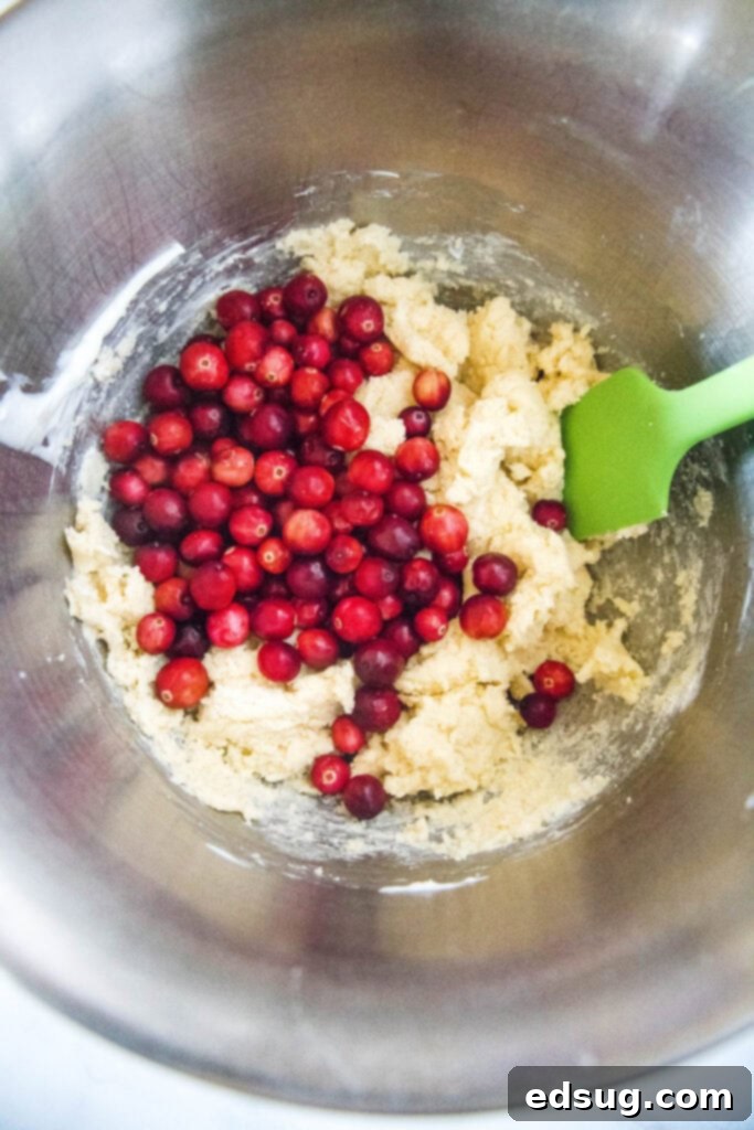 adding cranberries to cake batter