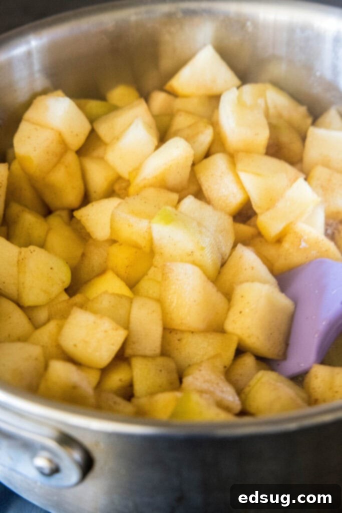 This homemade applesauce recipe is tart, lemony, not too sweet, bursting with apple flavor, and only takes 40 minutes to make.  A pot full of apple cubes, with a rubber spatula mixing them