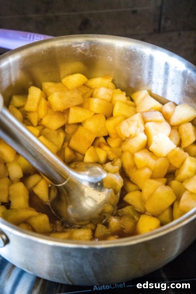 This homemade applesauce recipe is tart, lemony, not too sweet, bursting with apple flavor, and only takes 40 minutes to make.  A stick blender in a pot of cooked apples