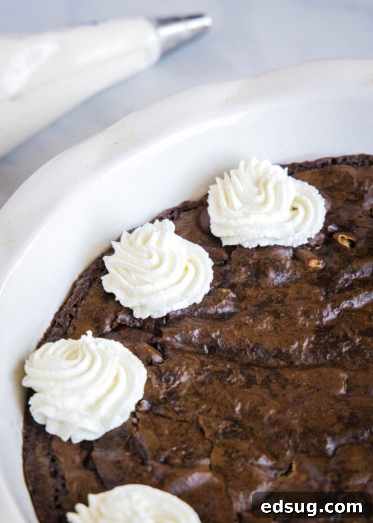Piped Stabilized Whipped Cream on Chocolate Cake Close up of four dollops of stabilized whipped cream piped onto a chocolate cake, showcasing its firm texture
