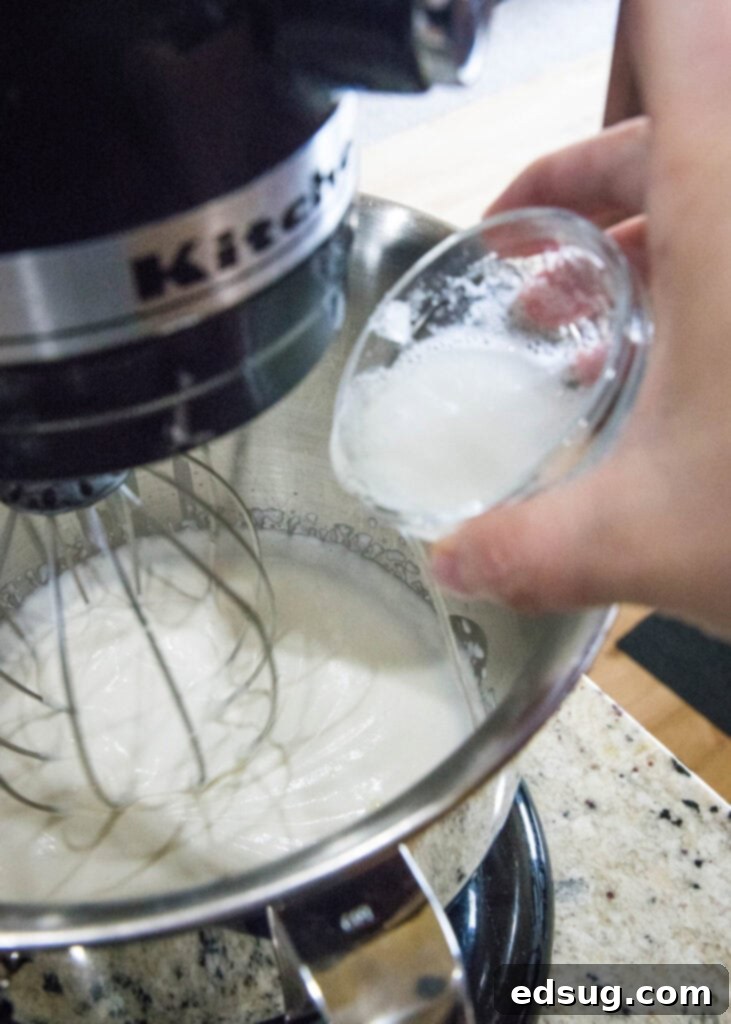 Adding Gelatin to Cream Mixture A hand pouring a bowl of melted gelatin and water into a stand mixer filled with heavy cream, powdered sugar, and vanilla.