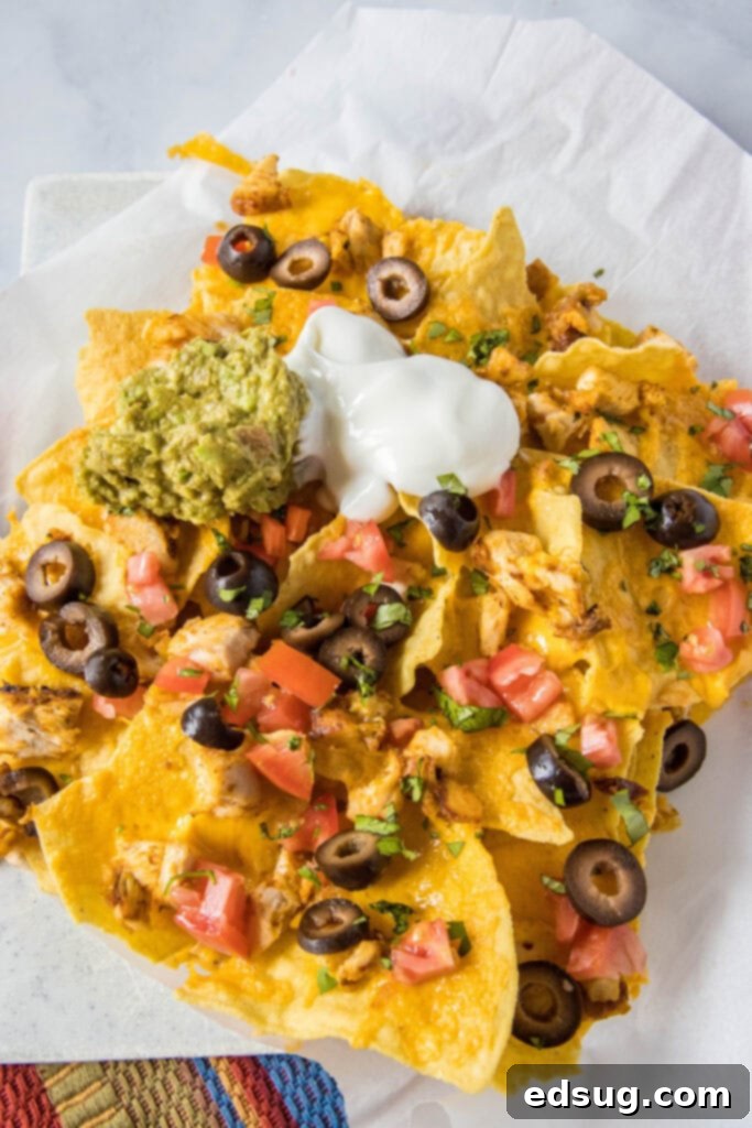 looking down on a tray of chicken nachos
