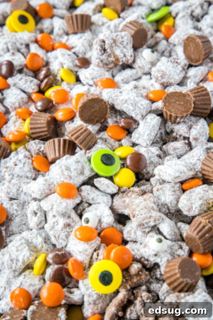 Spooky Halloween Muddy Buddies 7 halloween muddy buddies on a tray with a black cat decoration