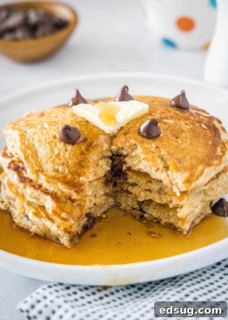 Wholesome Oat Pancakes 2 stack of pancakes with a bite missing, showcasing a fluffy interior and golden-brown edges