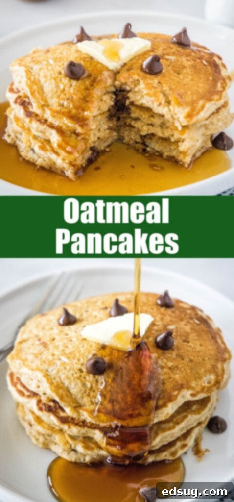 Wholesome Oat Pancakes 8 close up view of oatmeal pancakes on a white plate, perfect for Pinterest