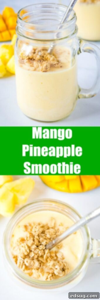 Tropical Mango Pineapple Smoothie 4 Mango Pineapple Smoothie - this tropical smoothie is a refreshing smoothie full of pineapple, mango, orange and lime juice. It is like vacation for breakfast!