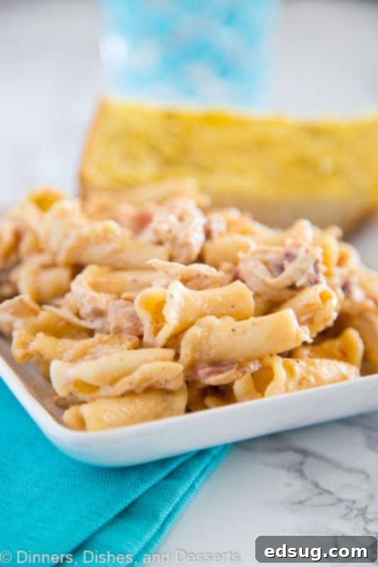 Smokey Garlic Chicken Pasta - A creamy chicken pasta recipe Close-up of shredded Smokey Garlic Chicken Pasta ingredients in a pan