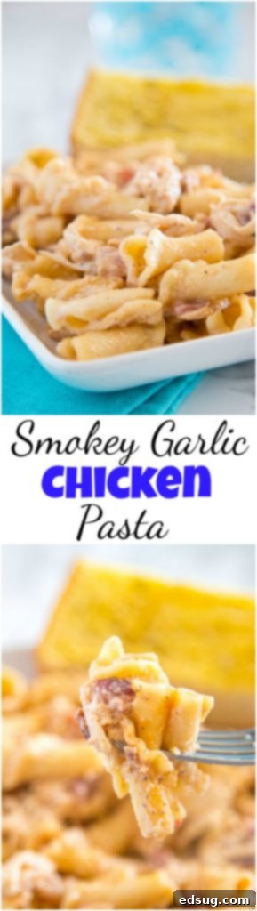 Smokey Garlic Chicken Pasta - A creamy chicken pasta recipe with a tons of flavor. A little smokey, a little peppery, and so good! #chicken #pasta #dinner #creamypasta #recipe #food Collage of Smokey Garlic Chicken Pasta images showcasing preparation and final dish
