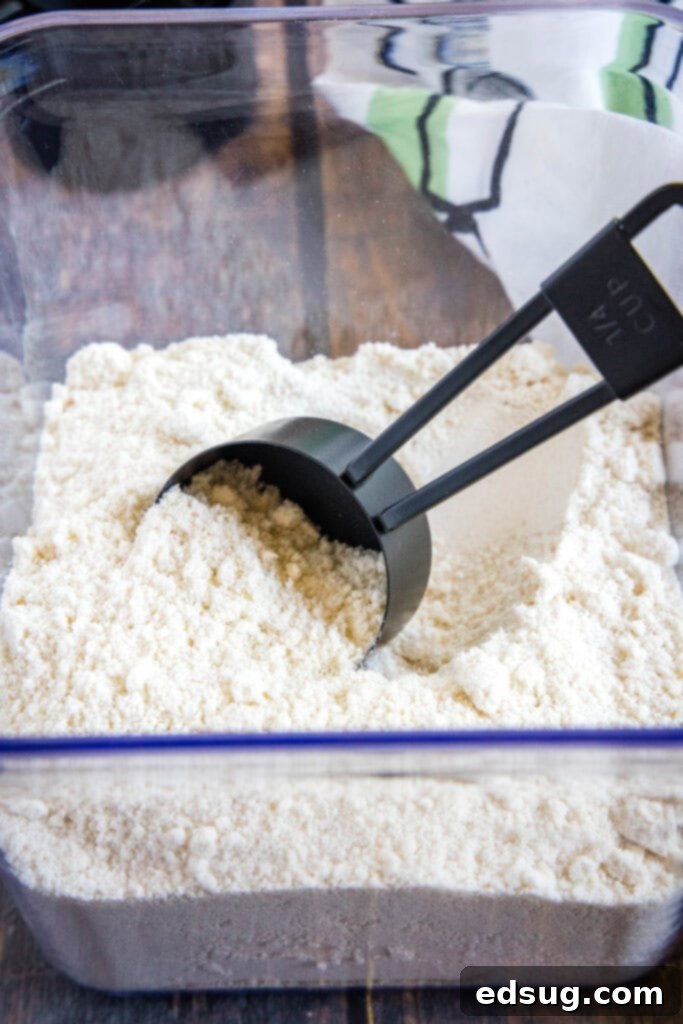 Better-Than-Store-Bought Bisquick 2 measuring cup in tub of hoemmade bisquick