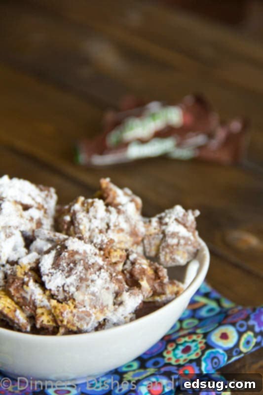 Easy Milky Way Puppy Chow for Any Occasion A large bowl brimming with freshly prepared Milky Way Puppy Chow, ready to be enjoyed