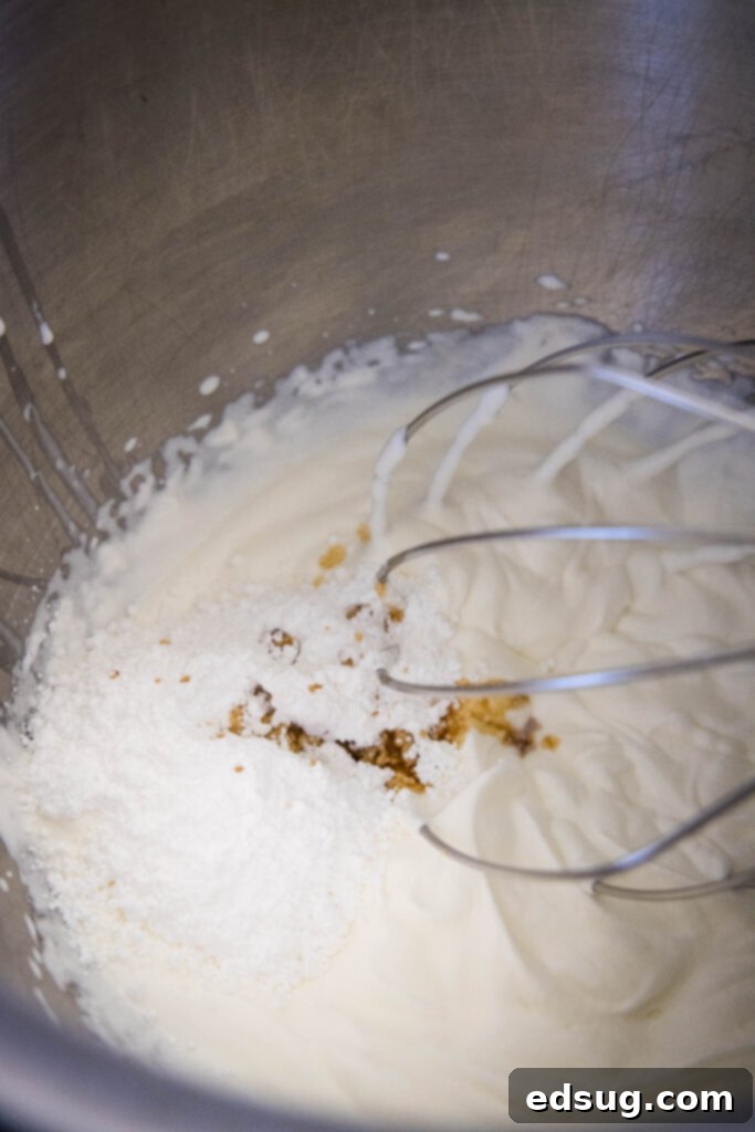 Fluffy Homemade Whipped Cream 4 adding powdered sugar and vanilla extract to a bowl of partially whipped cream