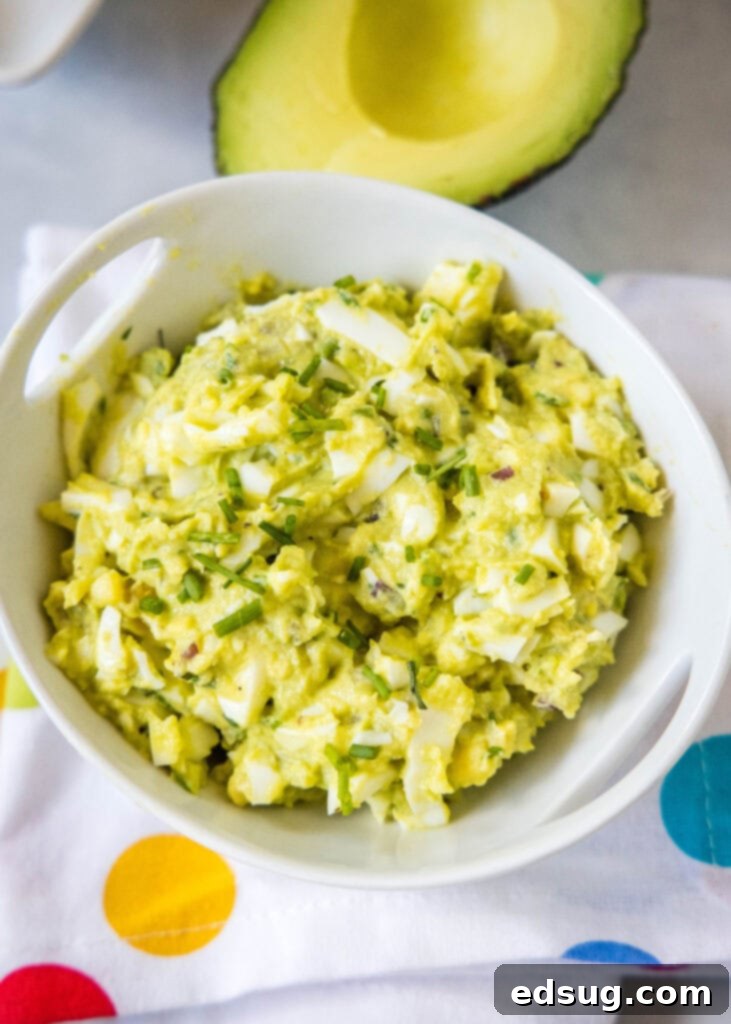 Creamy Avocado Egg Salad 7 avocado egg salad in a small white bowl