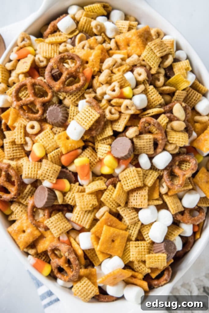 Cozy Autumn Crunch 2 looking down on a bowl of fall snack mix