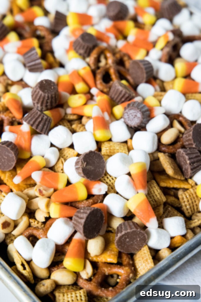 Cozy Autumn Crunch 5 candy added to tray of fall snack mix