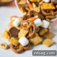 close up snack mix on a counter